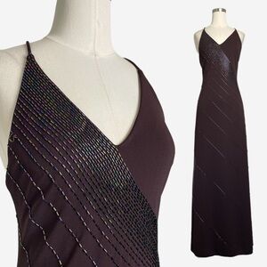 Delaru NWT Plum brown diagonal beaded stretchy maxi gown prom formal train S